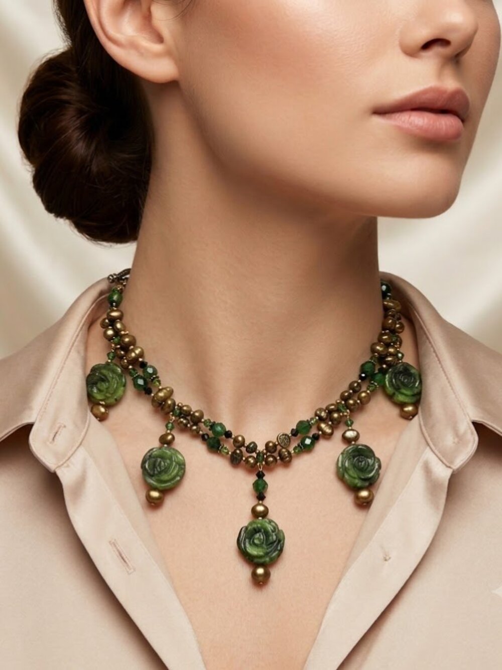 BC Jade 🇨🇦 Choker Carved Roses Pearls Toggle 14"